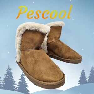 Pescool Winter Boots Kids Sz 4 Tan Faux Suede & Fur Pull On Soft Material
